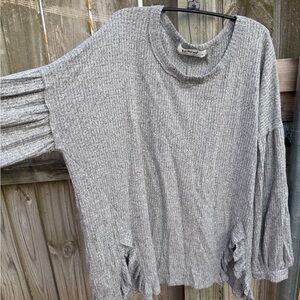 Three Bird Nest - Gray Ribbed Knit Sweater with Ruffle Sleeves